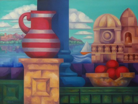 &quot;Jarrón Rojo Rayas&quot;, óleo s / t, 76 x 102 cm.